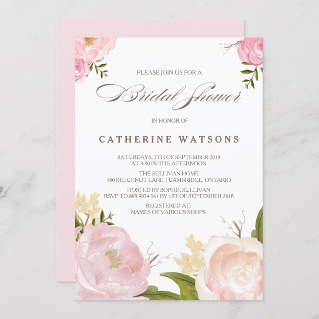Romantic Watercolor Flowers Bridal Shower Invite (Front/Back)