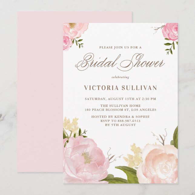 Romantic Watercolor Flowers Bridal Shower Invite (Front/Back)