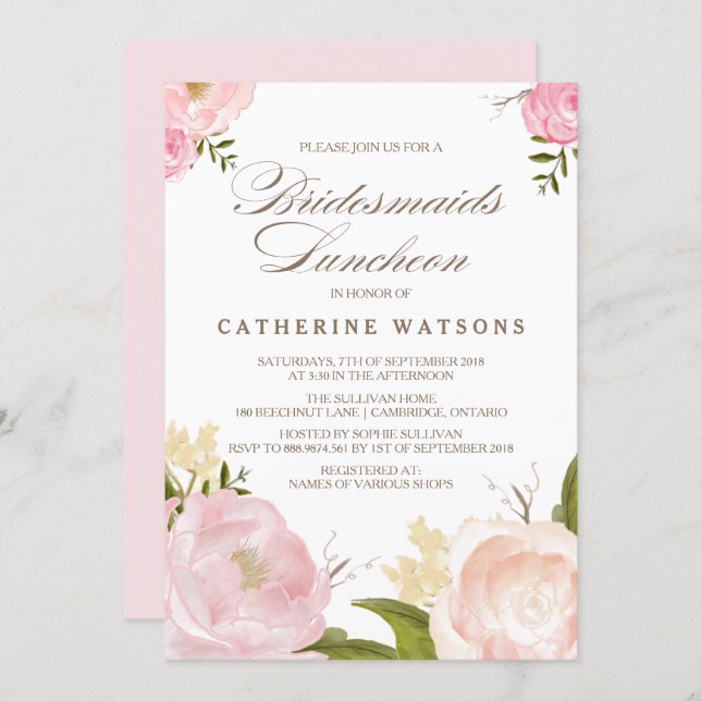 Romantic Watercolor Flowers Bridesmaids Luncheon Invitation (Front/Back)