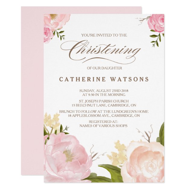 Romantic Watercolor Flowers Christening Invitation