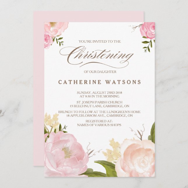 Romantic Watercolor Flowers Christening Invitation (Front/Back)
