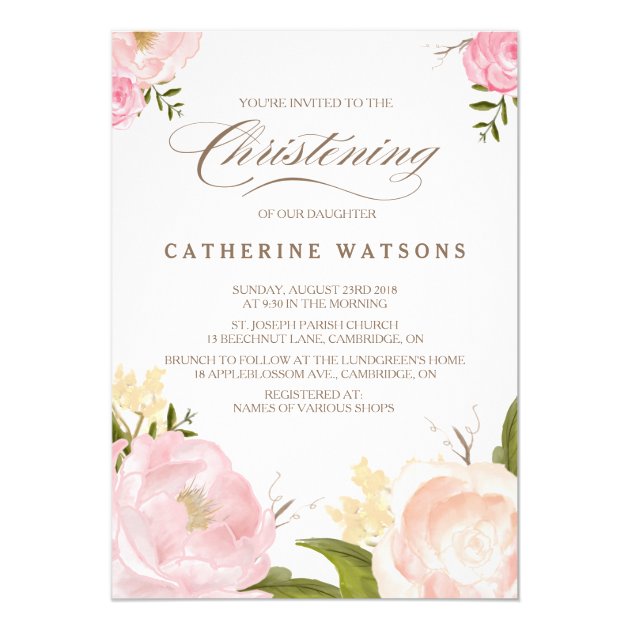 Romantic Watercolor Flowers Christening Invitation