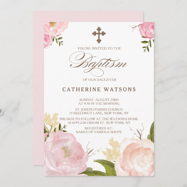 Romantic Watercolor Flowers & Cross Baptism Invitation (Front/Back)