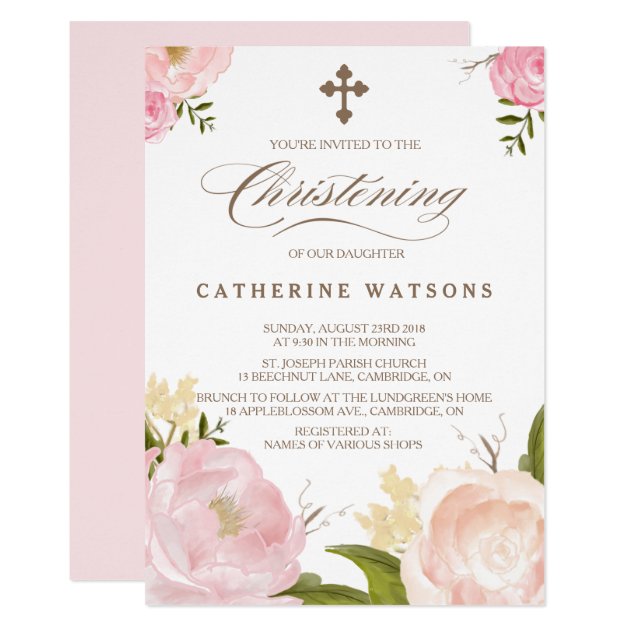 Romantic Watercolor Flowers & Cross Christening Invitation