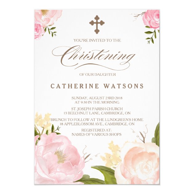 Romantic Watercolor Flowers & Cross Christening Invitation