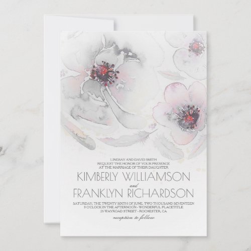 Romantic Watercolor Flowers Grey and Pink Wedding Invitation - Blush and dusty grey watercolor flowers and soft pastel feathers elegant wedding invitation. --- All design elements created by Jinaiji