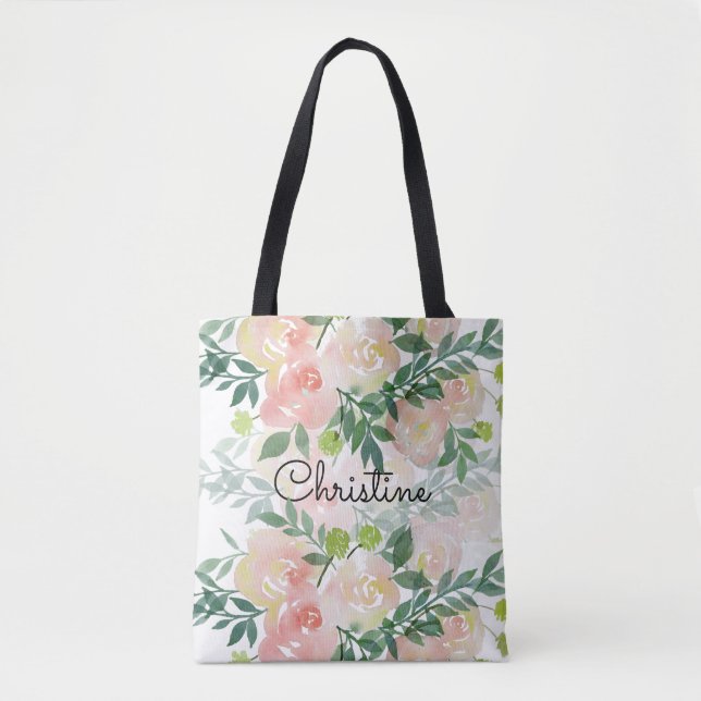 romantic watercolor flowers pattern tote bag (Front)