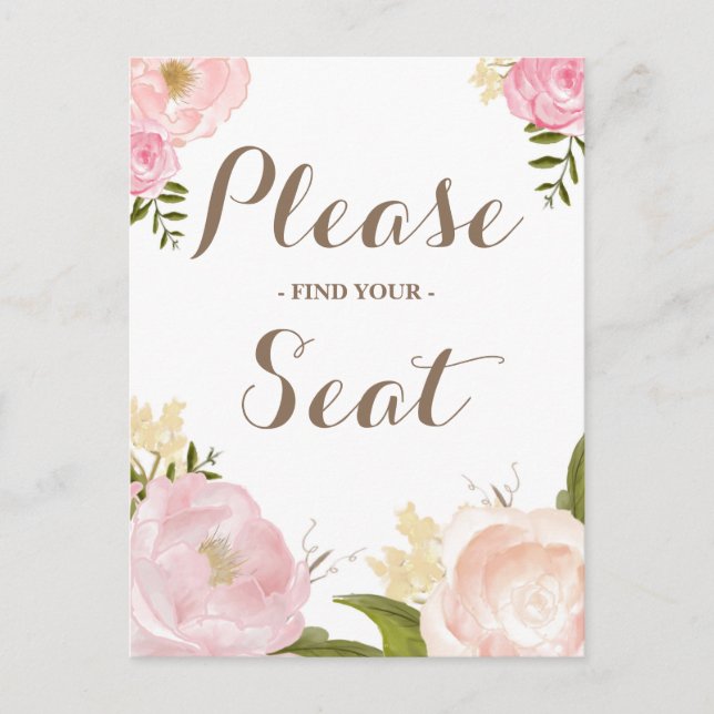 Romantic Watercolor Flowers Please Find Your Seat Postcard (Front)
