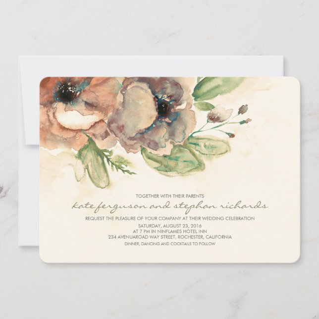 Romantic Watercolor Flowers Rustic Wedding Invite (Front)