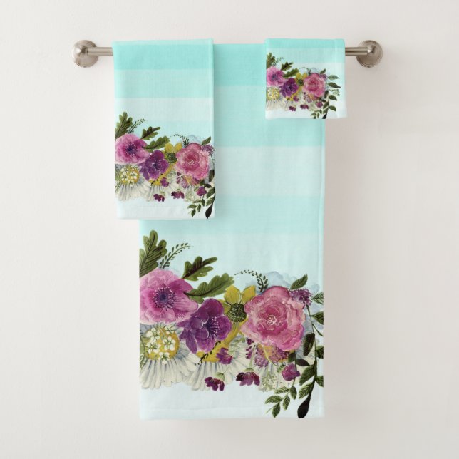 Romantic ,Watercolor Flowers,Striped Bath Towel Set (Insitu)