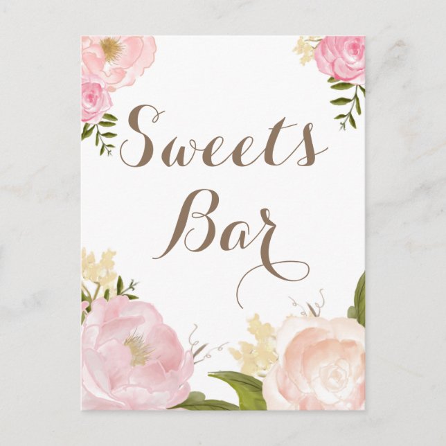 Romantic Watercolor Flowers Sweets Bar Party Sign Invitation Postcard (Front)