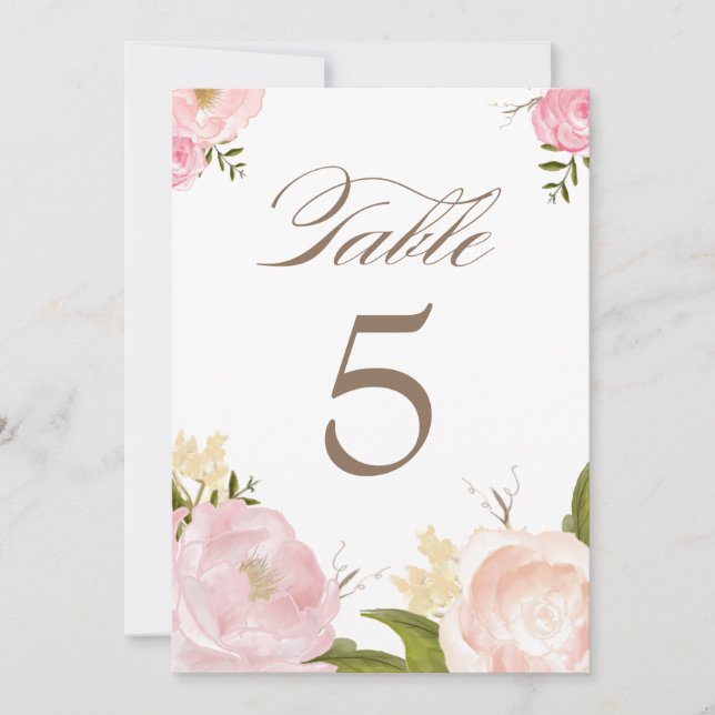Romantic Watercolor Flowers Table Numbers Card (Front)