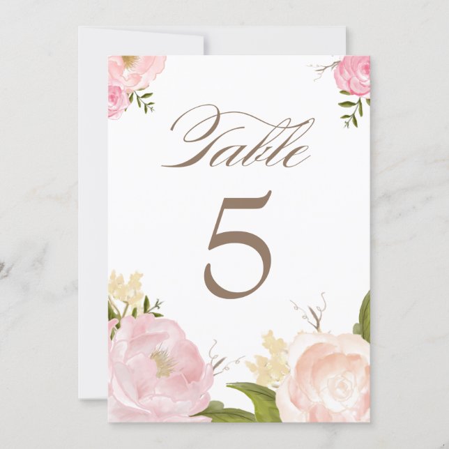 Romantic Watercolor Flowers Table Numbers Card (Front)
