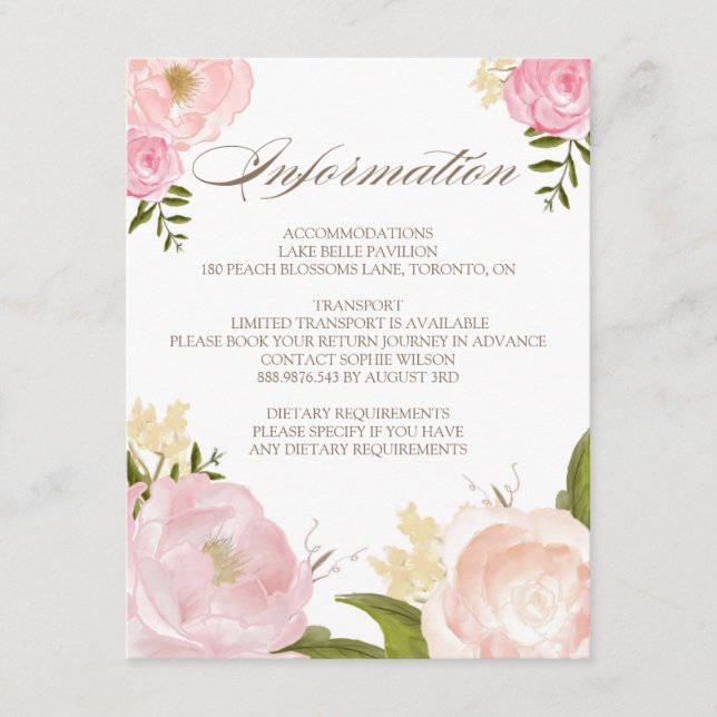 Romantic Watercolor Flowers Wedding Information Enclosure Card (Front)