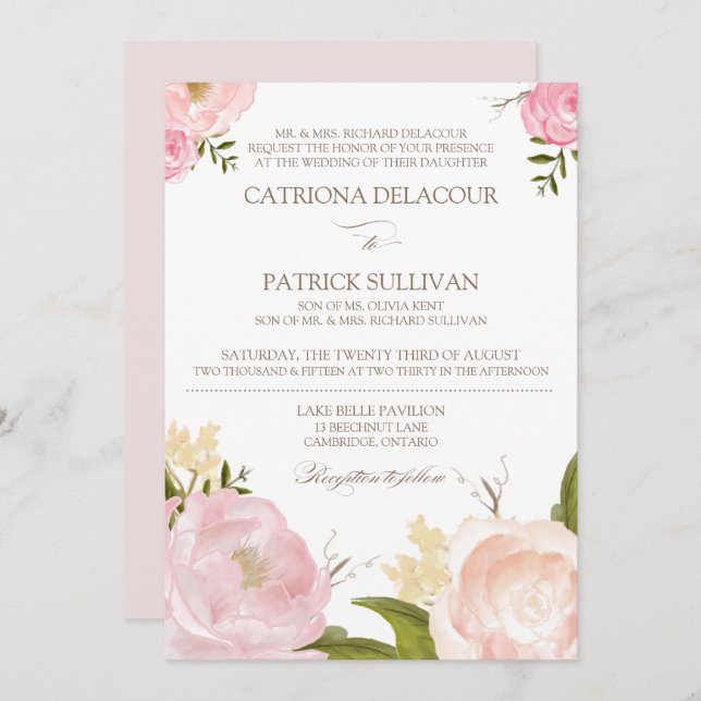 Romantic Watercolor Flowers Wedding Invitation IV (Front/Back)