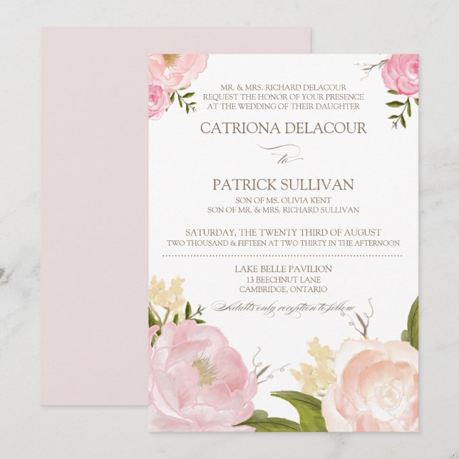 Romantic Watercolor Flowers Wedding Invitation V (Front/Back)