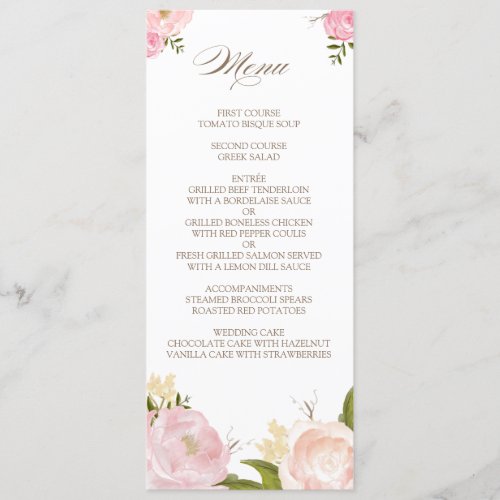 Romantic Watercolor Flowers Wedding Menu Card