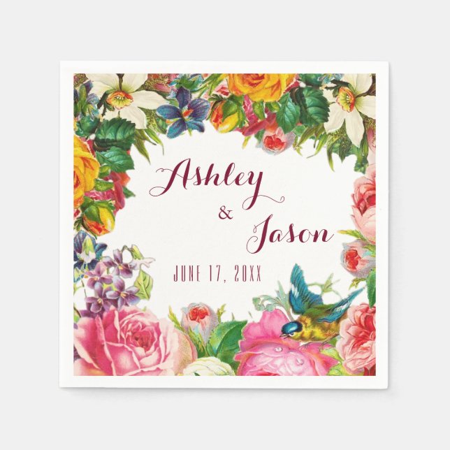 Romantic Watercolor Flowers Wedding Paper Napkins (Front)