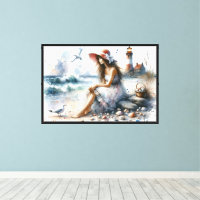 Romantic Watercolor Girl by Lighthouse
