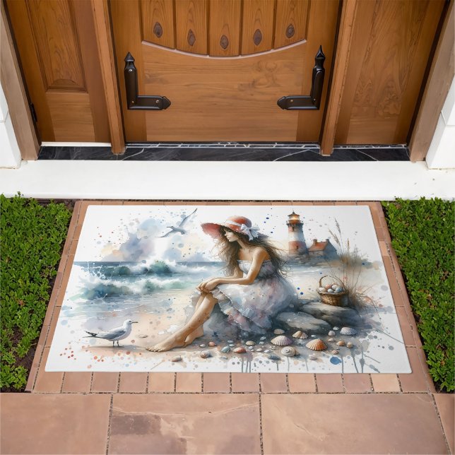 Romantic Watercolor Girl by Lighthouse Doormat (Outdoor)