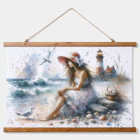 Romantic Watercolor Girl by Lighthouse
