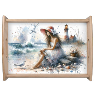 Romantic Watercolor Girl by Lighthouse Serving Tray