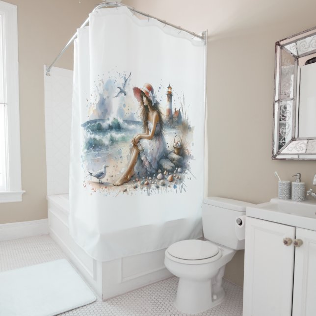 Romantic Watercolor Girl by Lighthouse Shower Curtain (In Situ)