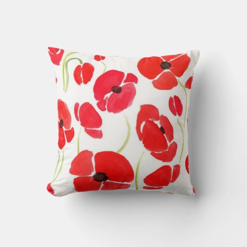 Romantic watercolor hand drawn red  poppy flowers  throw pillow