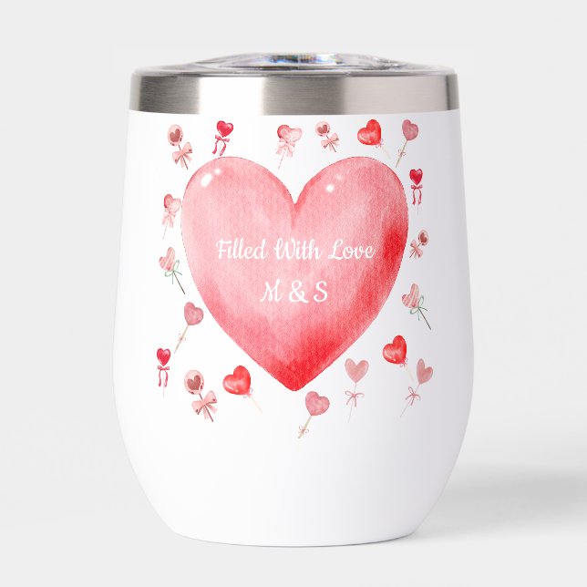 Romantic Watercolor Heart Valentine Thermal Wine Tumbler (Front)