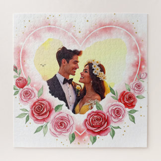 Romantic Watercolor Heart with Gold Sparkles Jigsaw Puzzle
