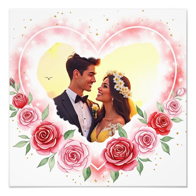  Romantic Watercolor Heart with Gold Sparkles Photo Print (Front)