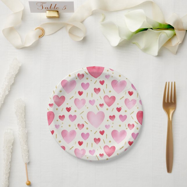 Romantic Watercolor Hearts & Gold Glitter Confetti Paper Plates (Wedding)
