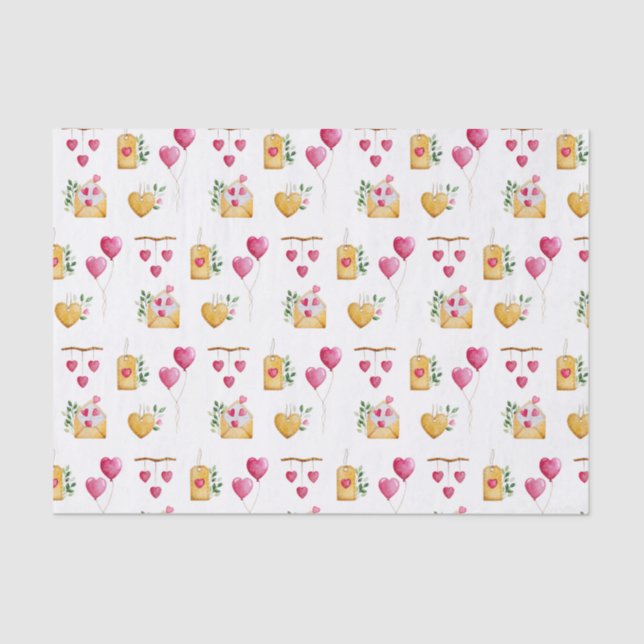 Romantic Watercolor Hearts illustrations Pattern Tissue Paper (Front)