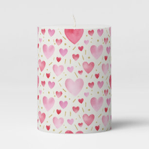 Romantic Watercolor Hearts with Gold Accents Pillar Candle