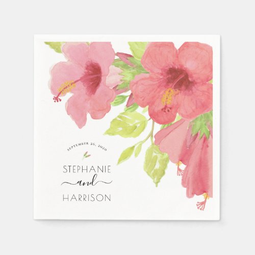 Romantic Watercolor Hibiscus Blooms Wedding Paper Napkins