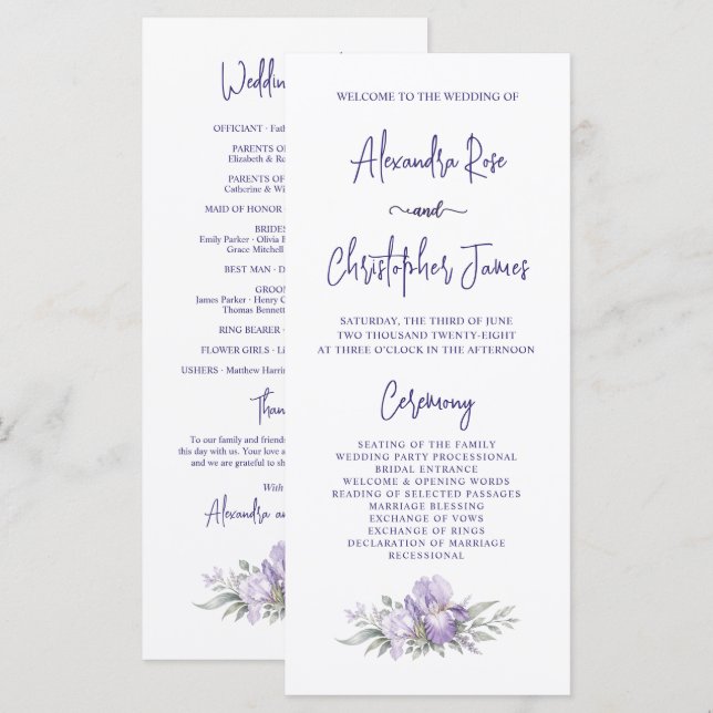 Romantic Watercolor Iris Garden Wedding Program  (Front/Back)