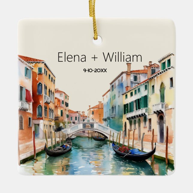 Romantic Watercolor Italy Wedding Newlywed Ceramic Ornament (Front)