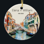 Romantic Watercolor Italy Wedding Newlywed Ceramic Ornament<br><div class="desc">This wedding keepsake ornament presents a picturesque scene of Venice, Italy, beautifully rendered in watercolor on the front. Against a backdrop of serene canals and charming Venetian architecture, the essence of the city's romantic allure is captured in every brushstroke. Gondolas glide gracefully along the tranquil waters, while historic buildings with...</div>