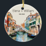 Romantic Watercolor Italy Wedding Newlywed Ceramic Ornament<br><div class="desc">This wedding keepsake ornament presents a picturesque scene of Venice, Italy, beautifully rendered in watercolor on the front. Against a backdrop of serene canals and charming Venetian architecture, the essence of the city's romantic allure is captured in every brushstroke. Gondolas glide gracefully along the tranquil waters, while historic buildings with...</div>