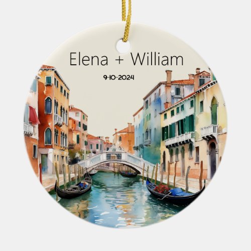 Romantic Watercolor Italy Wedding Newlywed Ceramic Ornament