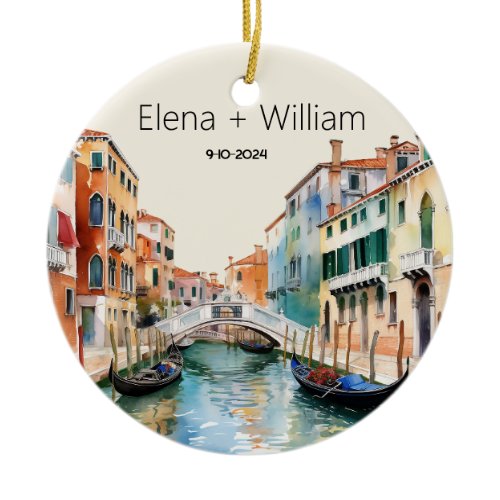 Romantic Watercolor Italy Wedding Newlywed Ceramic Ornament