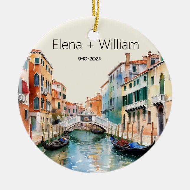 Romantic Watercolor Italy Wedding Newlywed Ceramic Ornament (Front)