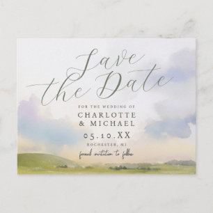 Romantic watercolor landscape save the date postcard