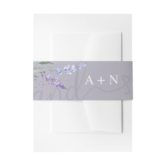 Romantic Watercolor Lavender Floral Monogram Invitation Belly Band (Front Example)