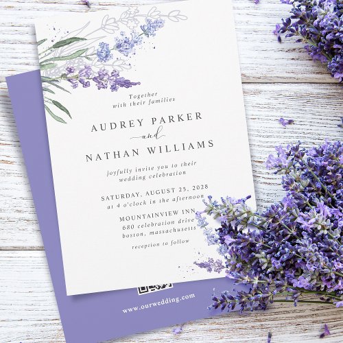 Romantic Watercolor Lavender Floral w QR Code Invitation