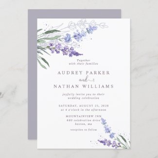 Romantic Watercolor Lavender and silver Floral Wedding Invitation