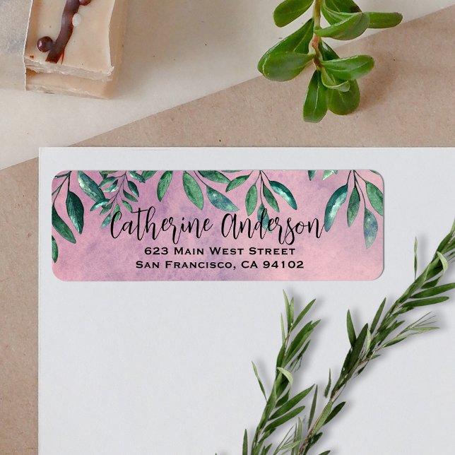 Romantic Watercolor Leafy Green Branches On Pink Label (Creator Uploaded)