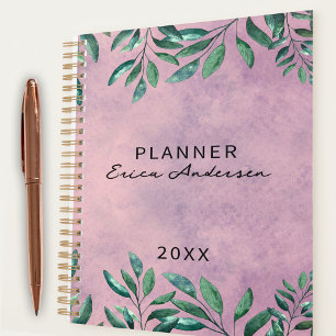Romantic Watercolor Leafy Green Branches On Pink Planner