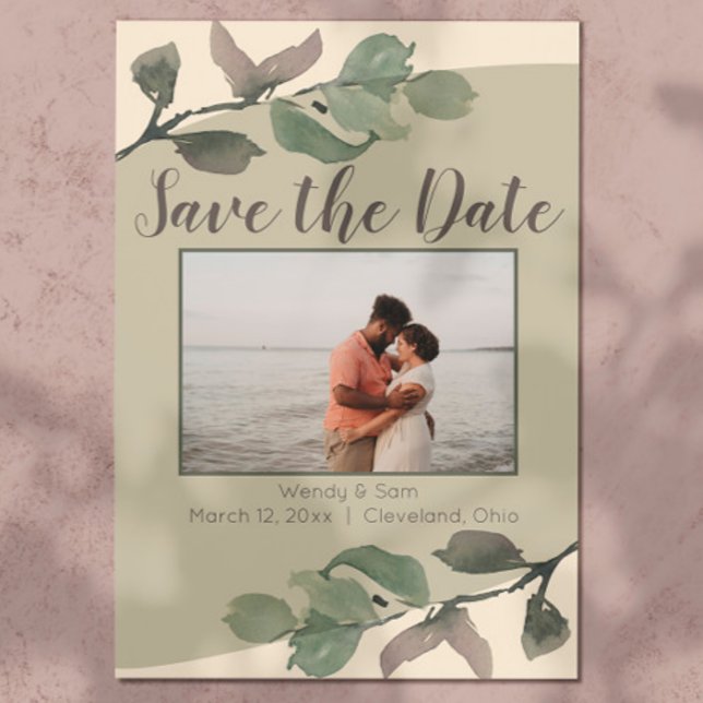 Romantic Watercolor Leaves Wedding Save the Date (Romantic & sweet, this sage & cream watercolor leaf save the date is a great start to your wedding!)