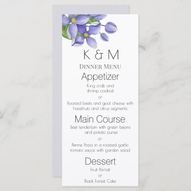 Romantic Watercolor Lilacs Wedding Menu (Front/Back)